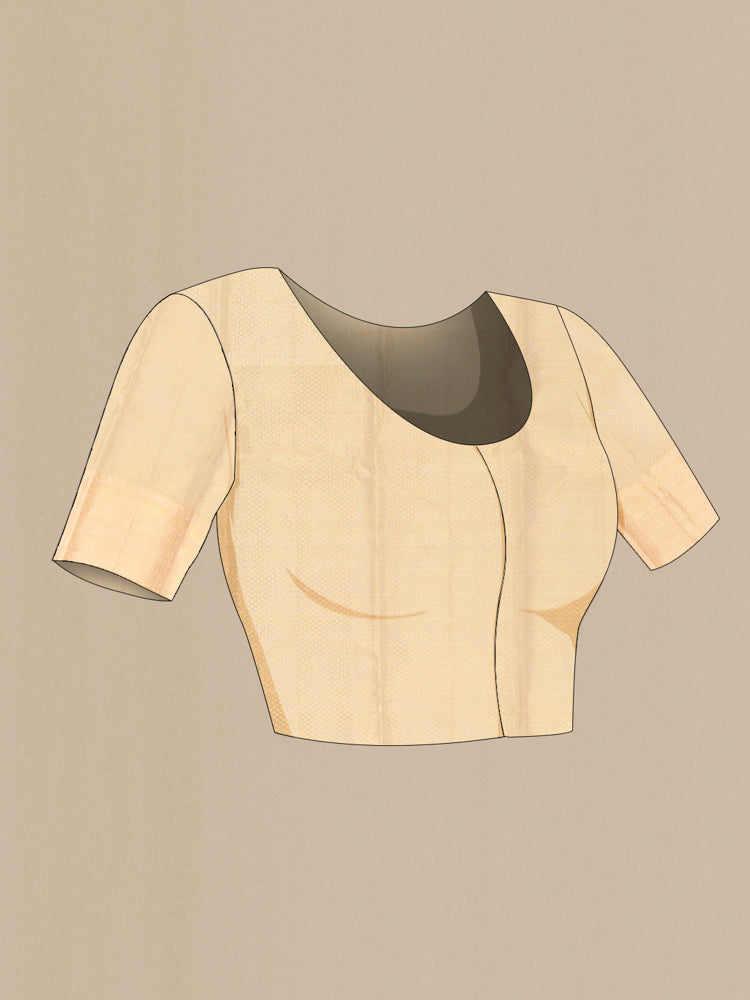Close up image of the blouse of Pure Silk Pure Zari Golden Kanjivaram Saree with Zari Butta on the body and Silk Border. 