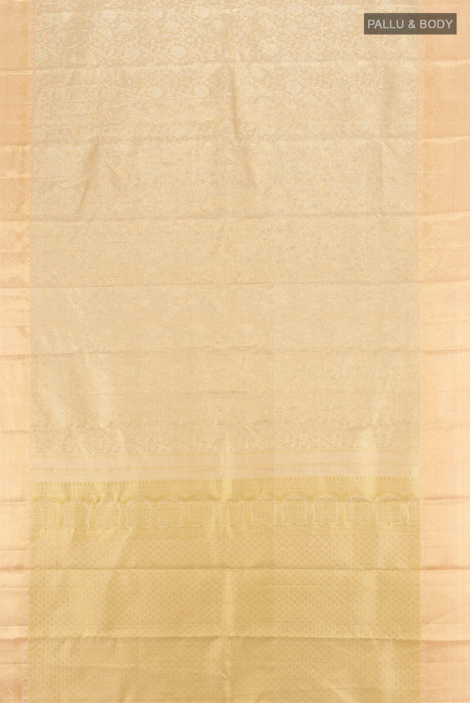 Flat view of Pure Silk Pure Zari Golden Kanjivaram Saree with Zari Butta on the body and Silk Border. 