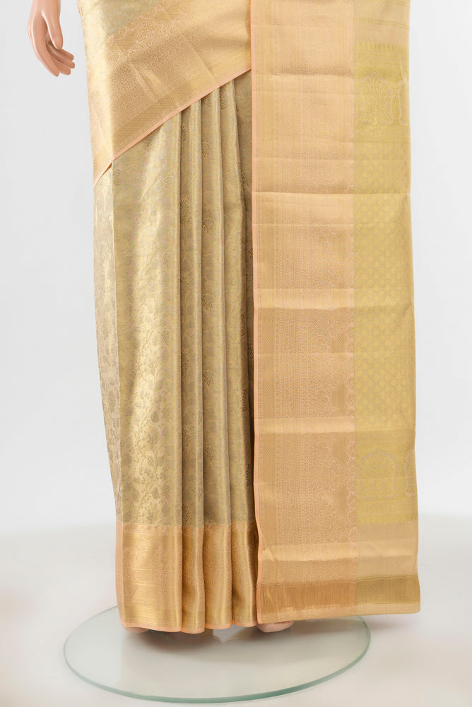 Pleats and pallu of Pure Silk Pure Zari Golden Kanjivaram Saree with Zari Butta on the body and Silk Border. 