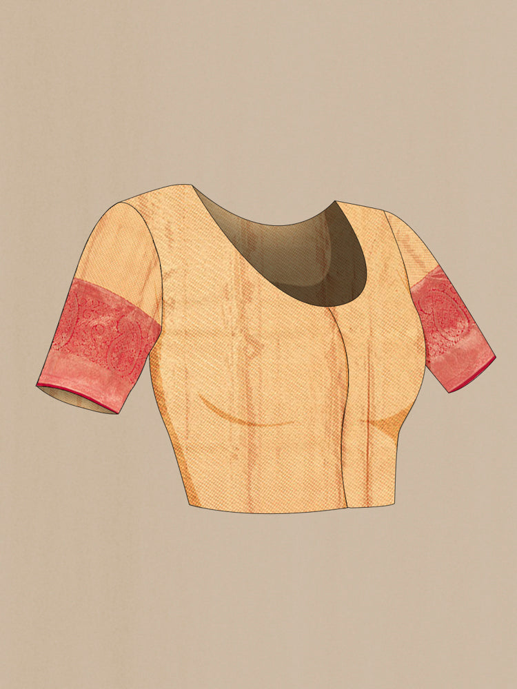 Close up image of the blouse of Pure Silk Pure Zari Golden Kanjivaram Saree with Zari Butta on the body and Silk Border. 
