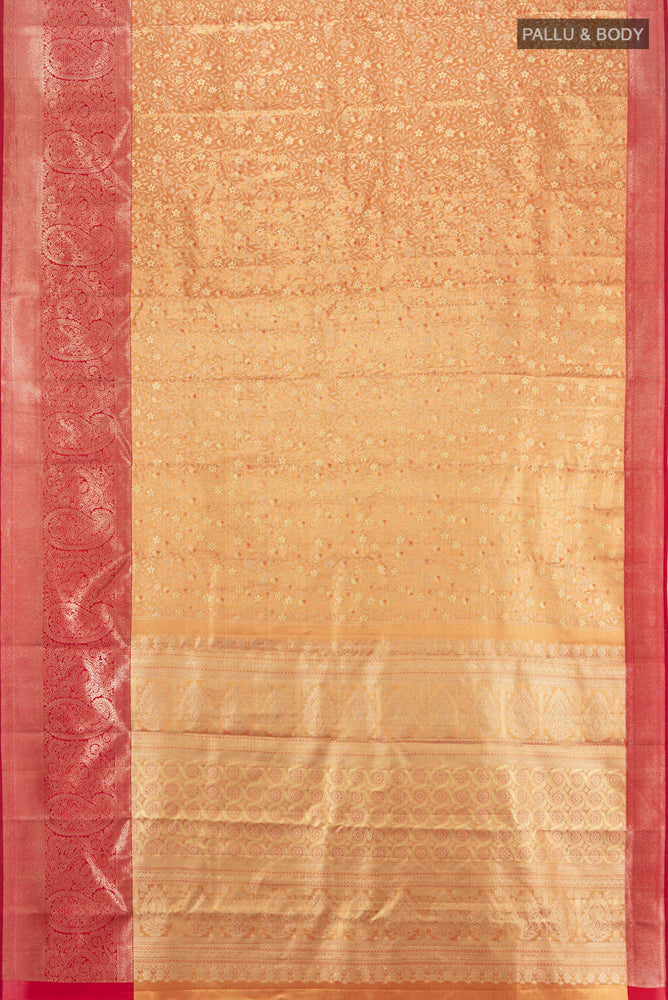Flat view of Pure Silk Pure Zari Golden Kanjivaram Saree with Zari Butta on the body and Silk Border. 