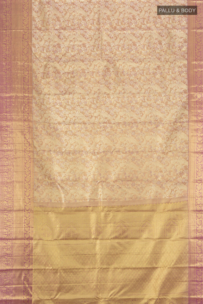 Flat view of Pure Silk Pure Zari Golden Kanchipuram Saree with Zari Butta on the body and Silk Border. 