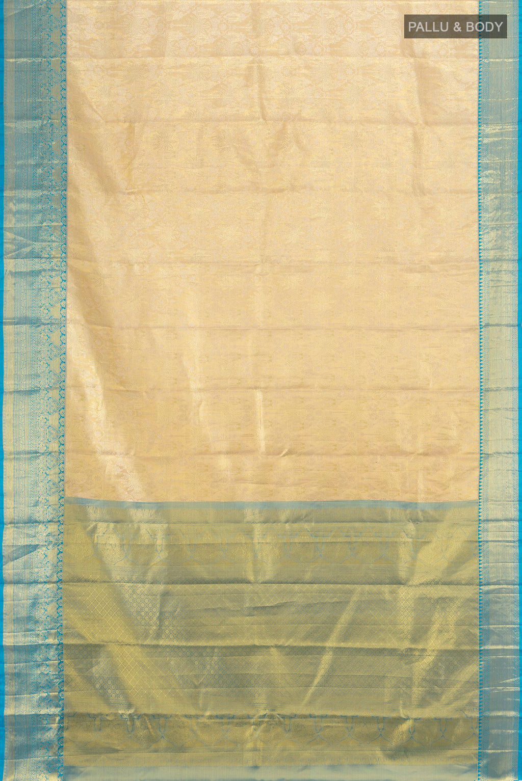 Flat view of Golden Kanchipuram Tissue Silk Saree with Zari Brocade on the body and Zari Border. 