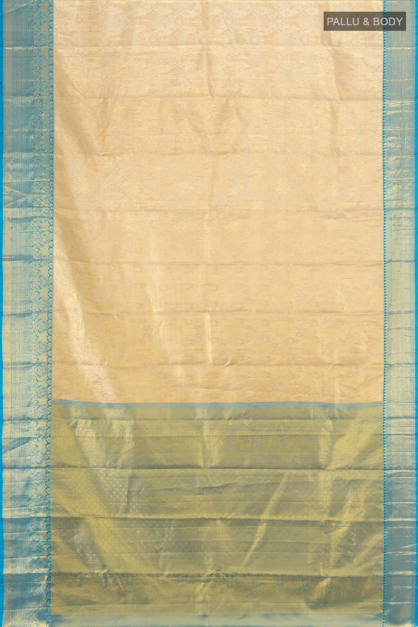 Flat view of Golden Kanchipuram Tissue Silk Saree with Zari Brocade on the body and Zari Border. 