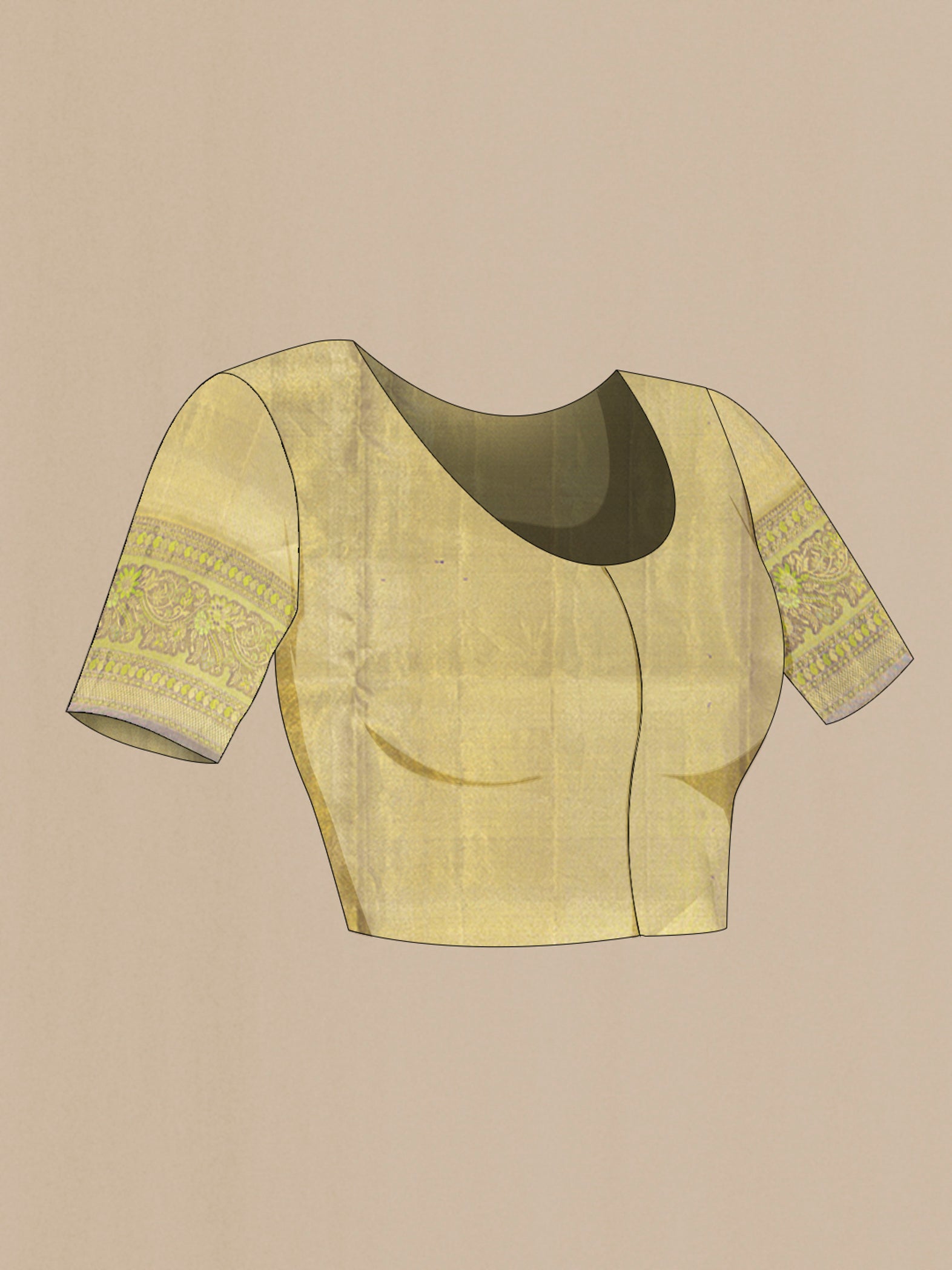 Close up image of the blouse of Parrot Green Kanchipuram Tissue Silk Saree with Zari Brocade on the body and Zari Border. 