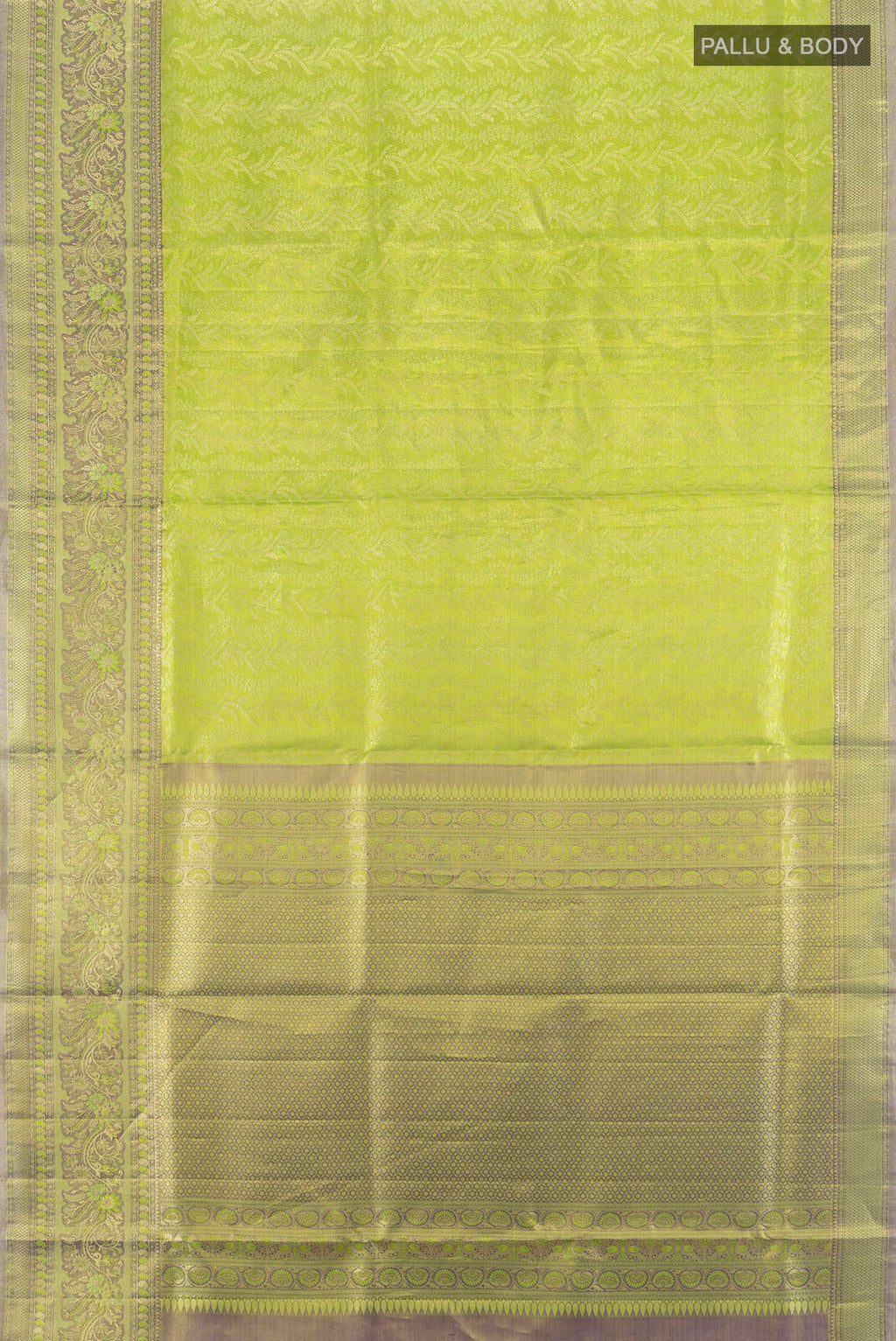 Flat view of Parrot Green Kanchipuram Tissue Silk Saree with Zari Brocade on the body and Zari Border. 