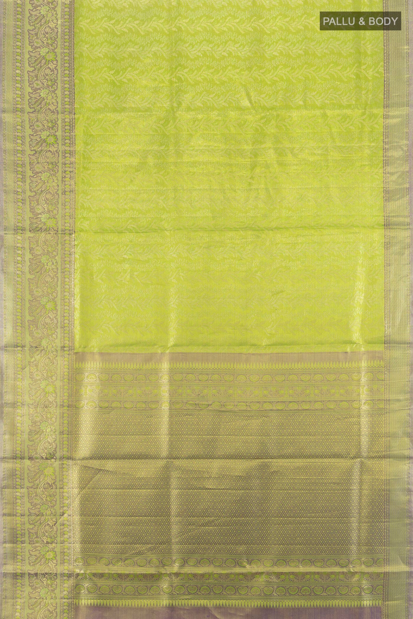 Flat view of Parrot Green Kanchipuram Tissue Silk Saree with Zari Brocade on the body and Zari Border. 