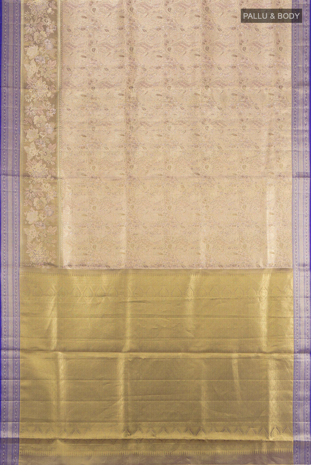 Flat view of Silver Kanchipuram Tissue Silk Saree with Zari Butta on the body and Zari Border. 