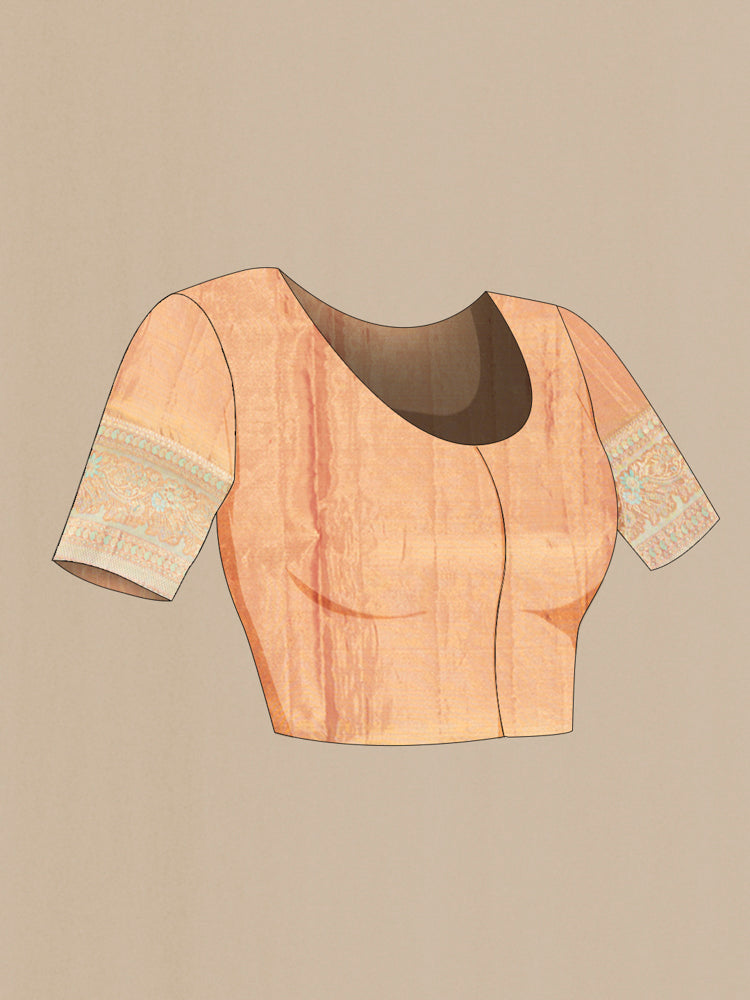 Close up image of the blouse of Golden Kanchipuram Silk Nine Yards Saree with Zari Brocade on the body and Silk Border. 