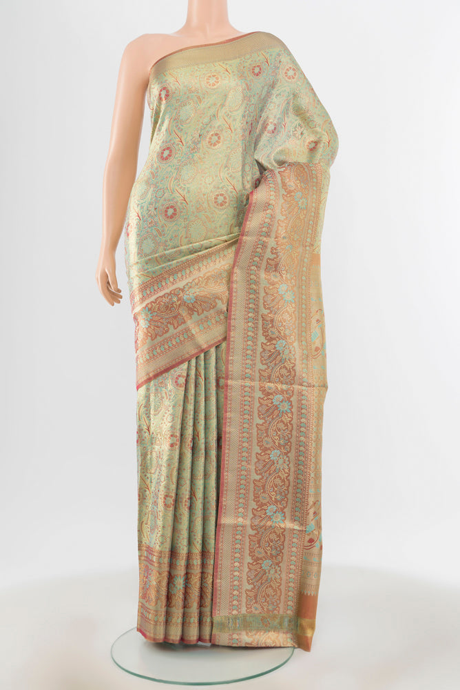 Golden Kanchipuram Silk Nine Yards Saree with Zari Brocade on the body and Silk Border.  displayed on a mannequin