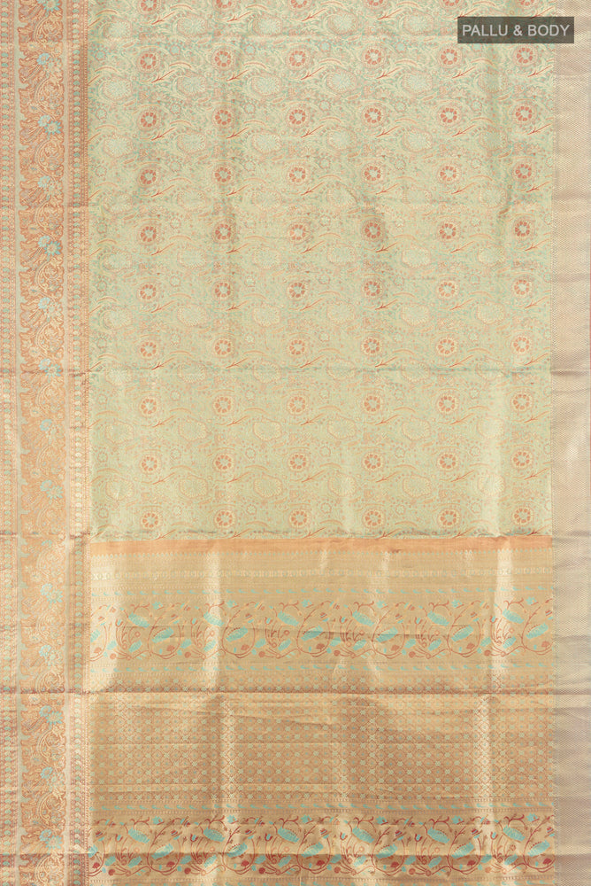 Flat view of Golden Kanchipuram Silk Nine Yards Saree with Zari Brocade on the body and Silk Border. 