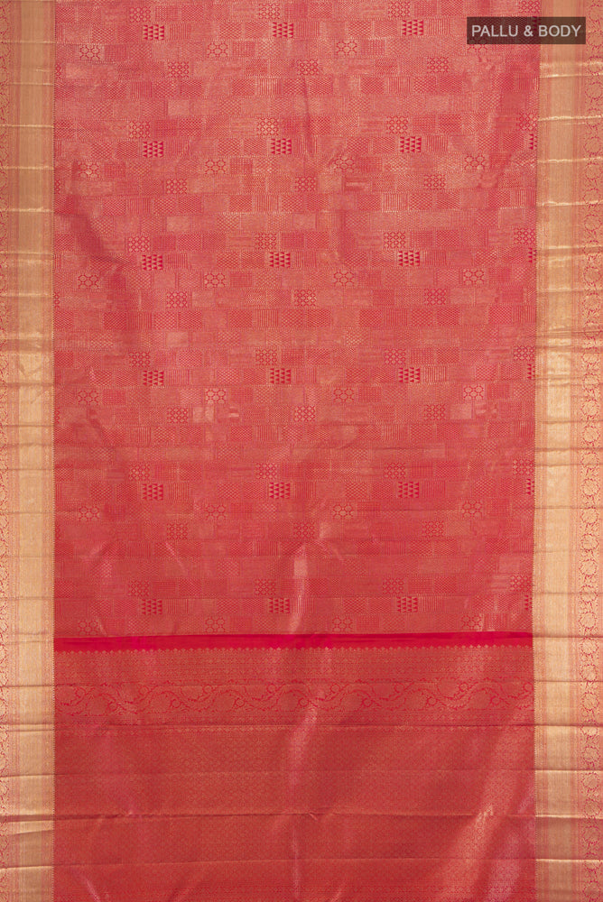 Flat view of Golden Peach Kanjivaram Silk Saree with Zari Butta on the body and Silk Border. 
