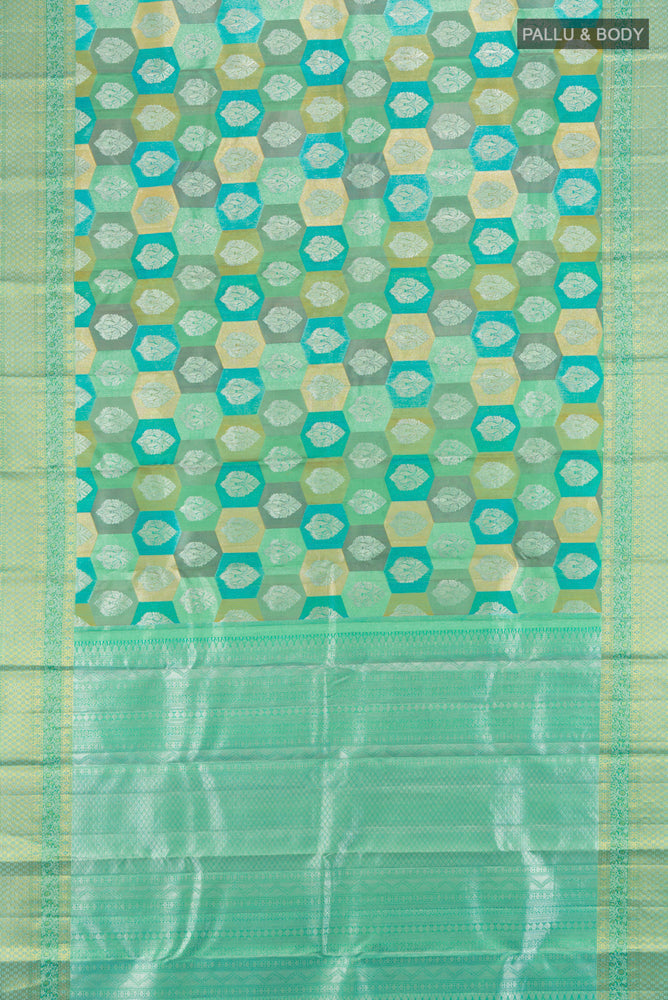 Flat view of Pure Silk Pure Zari Multi Color Kanjivaram Saree with Zari Butta on the body and Silk Border. 