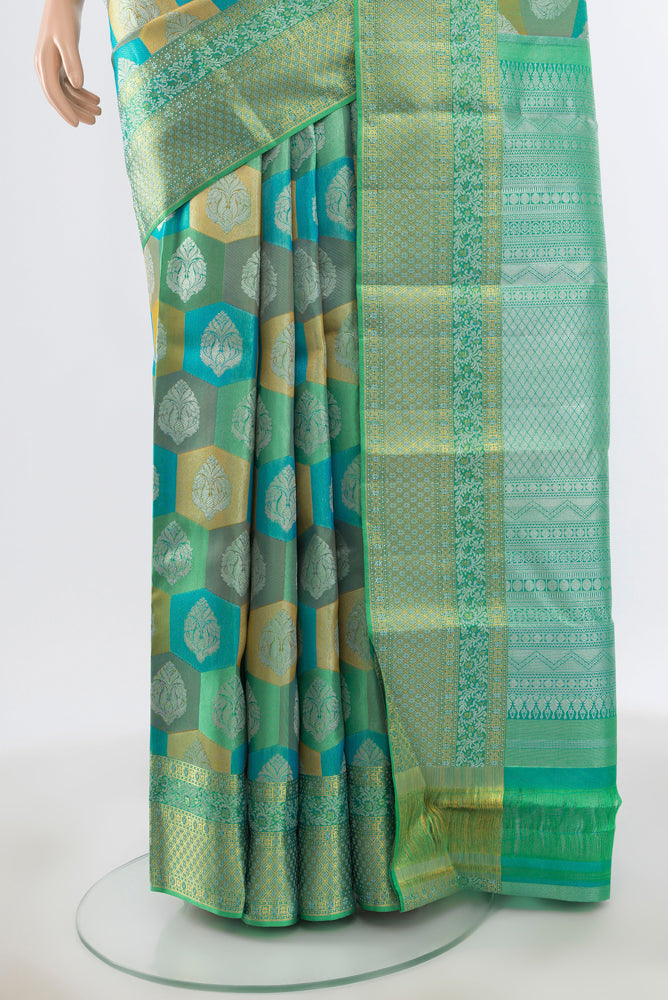 Pleats and pallu of Pure Silk Pure Zari Multi Color Kanjivaram Saree with Zari Butta on the body and Silk Border. 