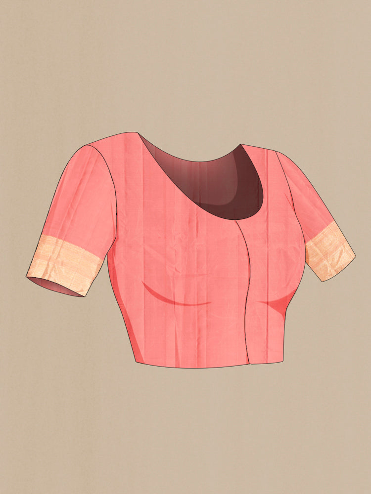 Close up image of the blouse of Rose pink Kanjivaram Silk Saree with Zari Butta on the body and Silk Border. 