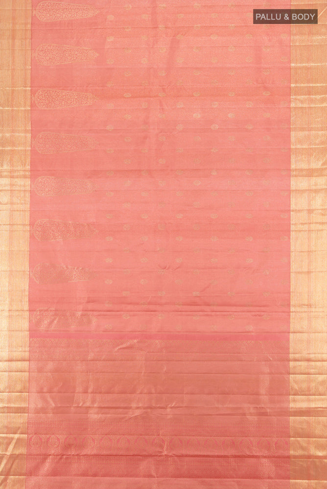 Flat view of Rose pink Kanjivaram Silk Saree with Zari Butta on the body and Silk Border. 