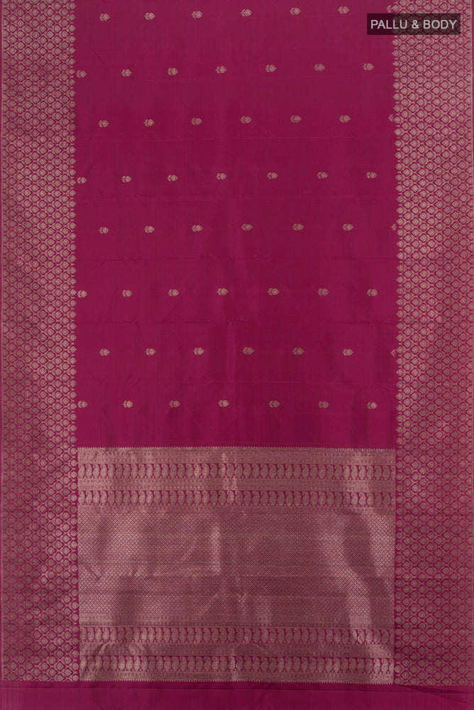 Flat view of Purple Kanchipuram Silk Saree with Zari Butta on the body and Silk Border. 