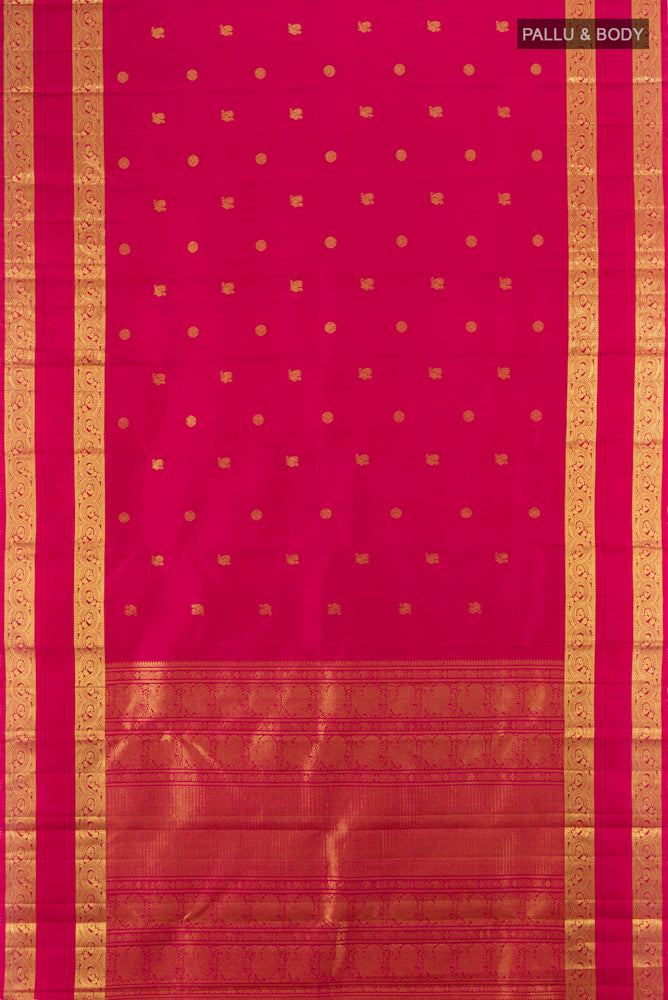 Flat view of Maroon Kanjivaram Silk Saree with Zari Brocade on the body and Zari Border. 