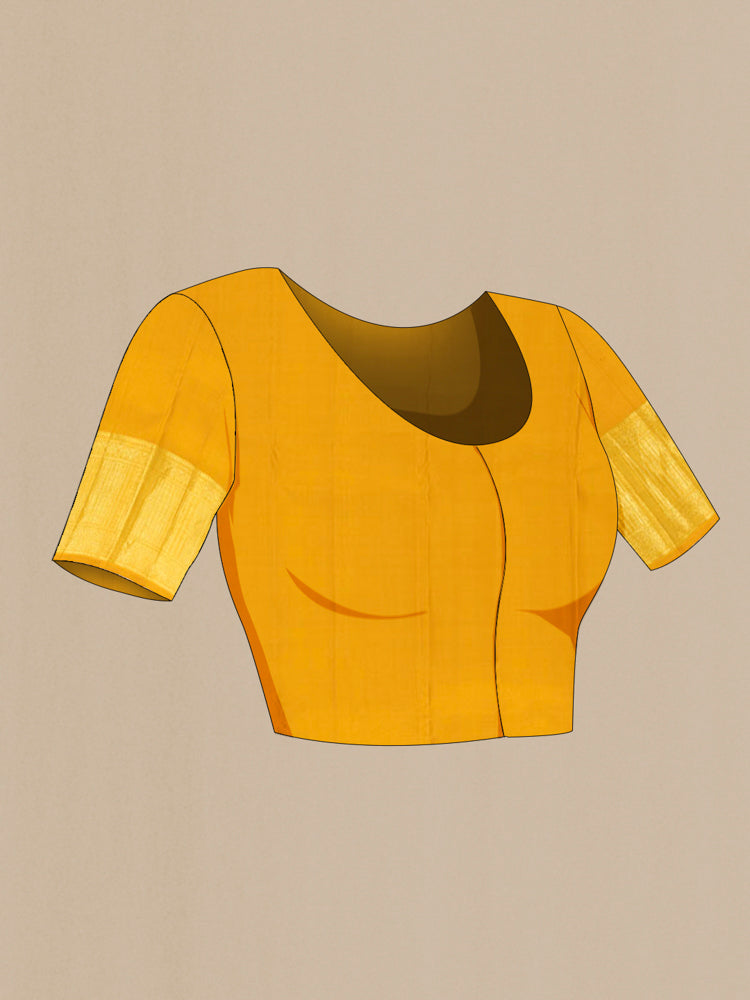 Close up image of the blouse of Pure Silk Pure Zari Yellow Kanjivaram Saree with Zari Butta on the body and Silk Border. 