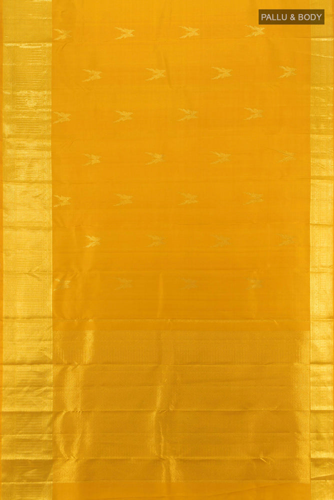 Flat view of Pure Silk Pure Zari Yellow Kanjivaram Saree with Zari Butta on the body and Silk Border. 