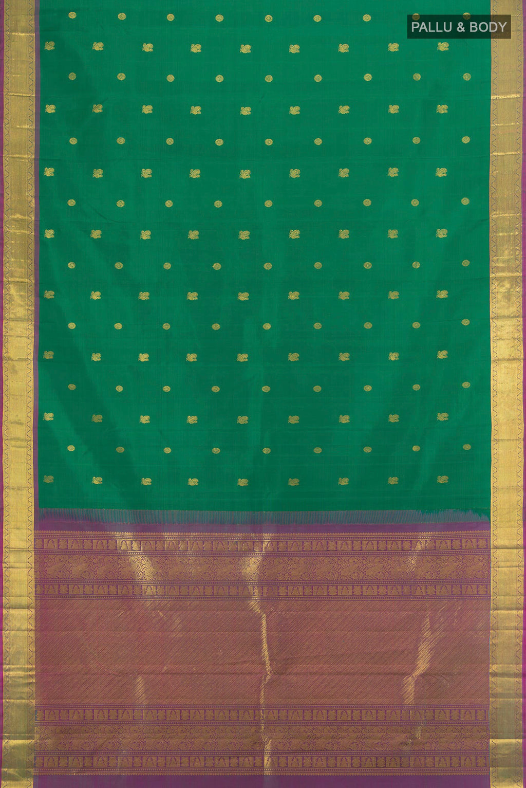 Flat view of Green Kanjivaram Silk Saree with Zari Butta on the body and Zari Border. 