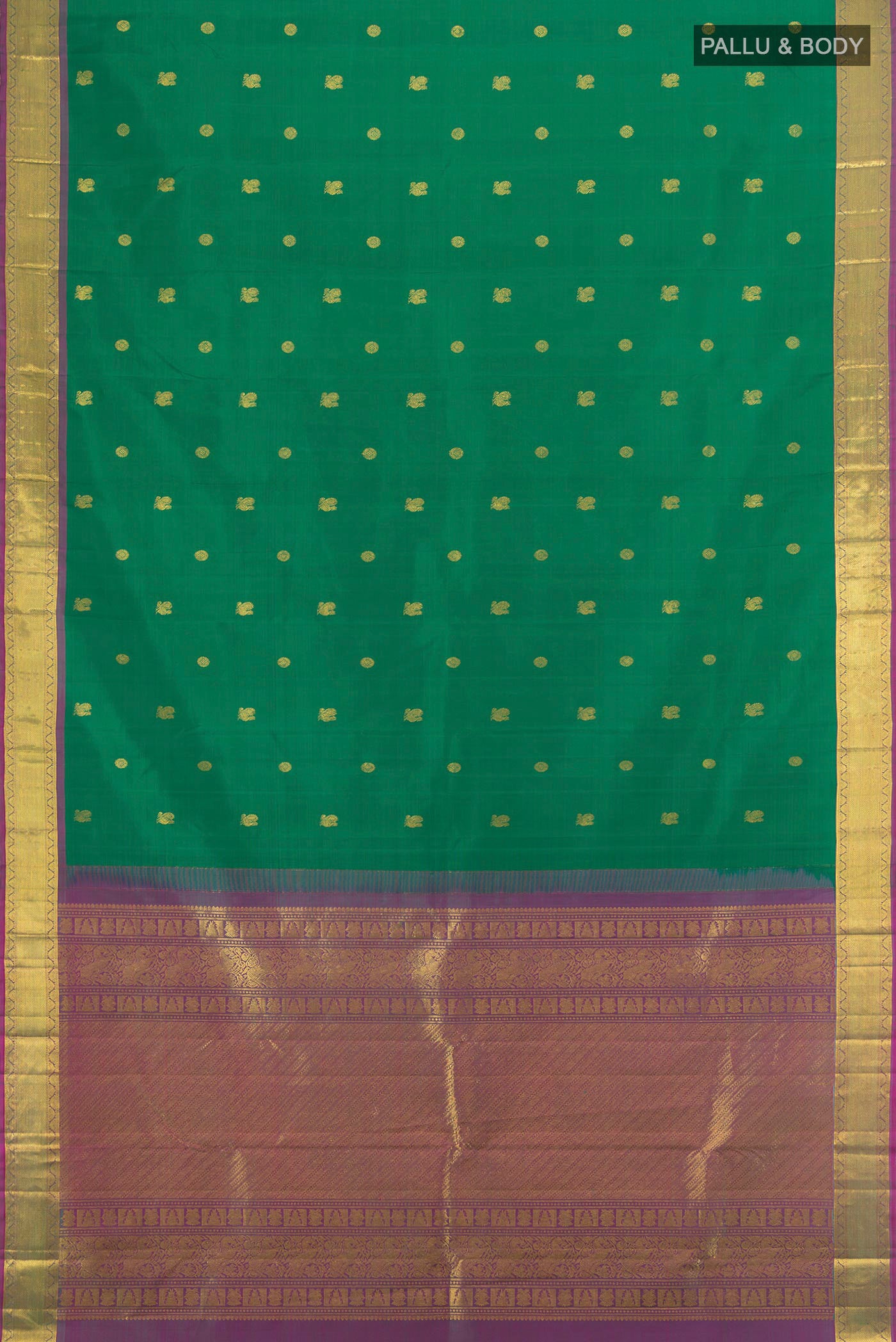 Flat view of Green Kanjivaram Silk Saree with Zari Butta on the body and Zari Border. 