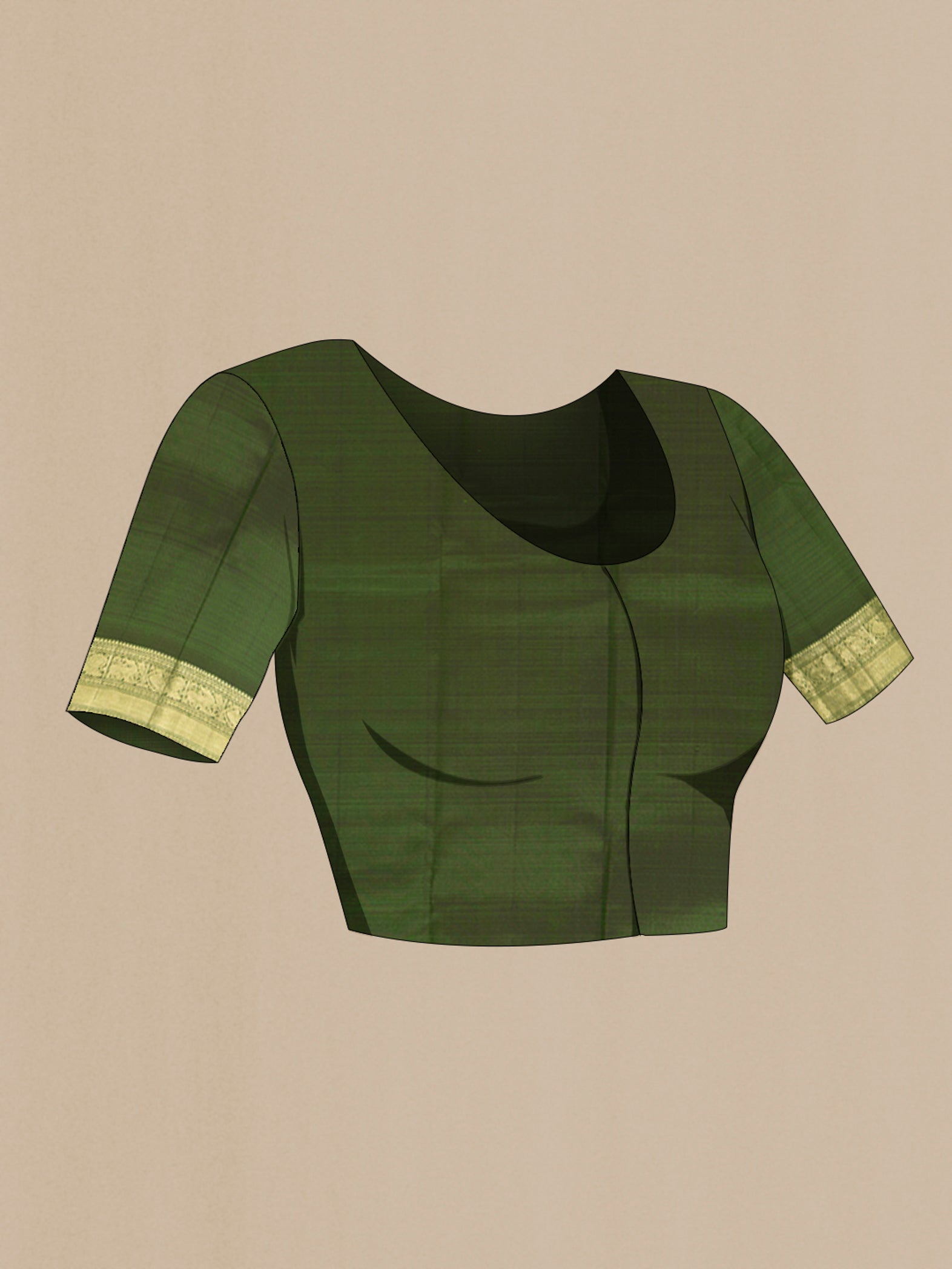 Close up image of the blouse of Light Green Kanjivaram Silk Saree with Zari Butta on the body and Silk Border. 