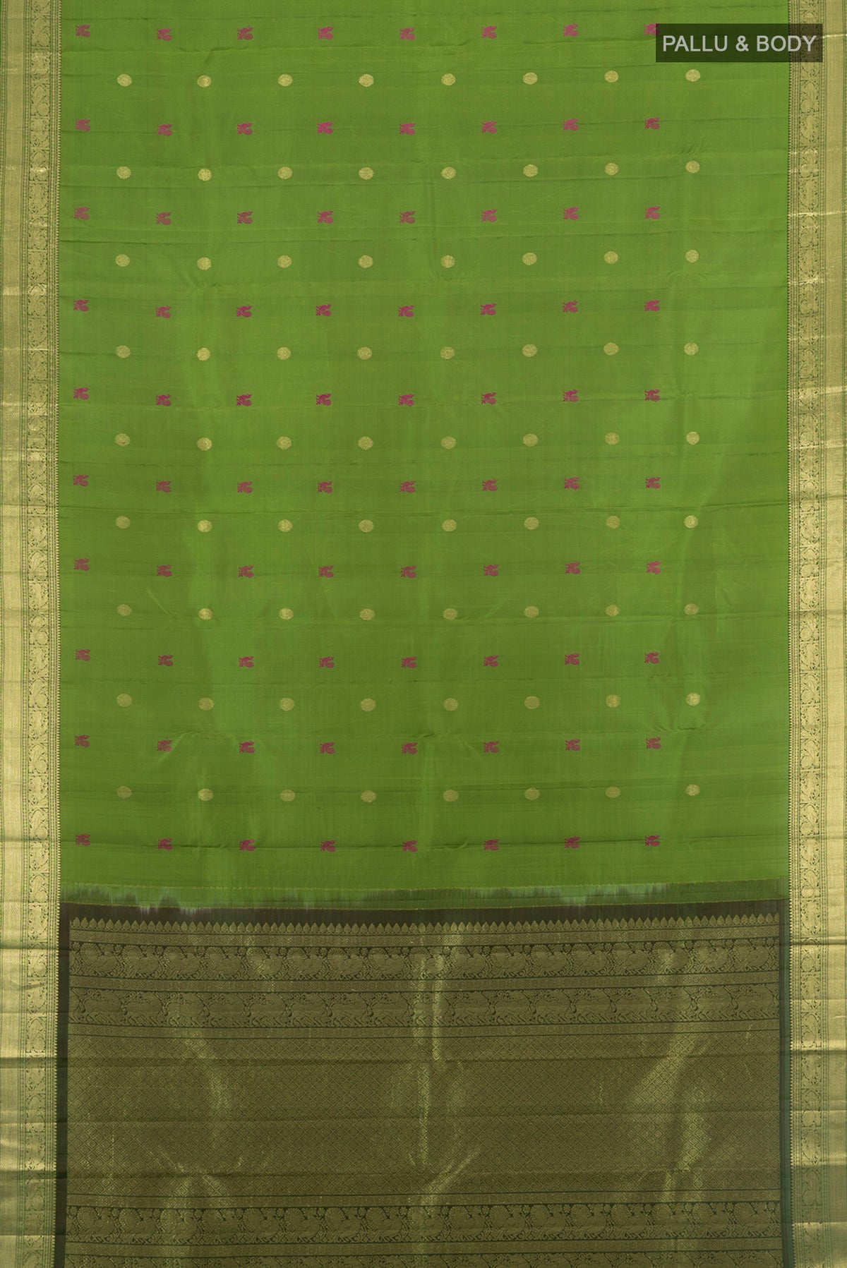 Flat view of Light Green Kanjivaram Silk Saree with Zari Butta on the body and Silk Border. 