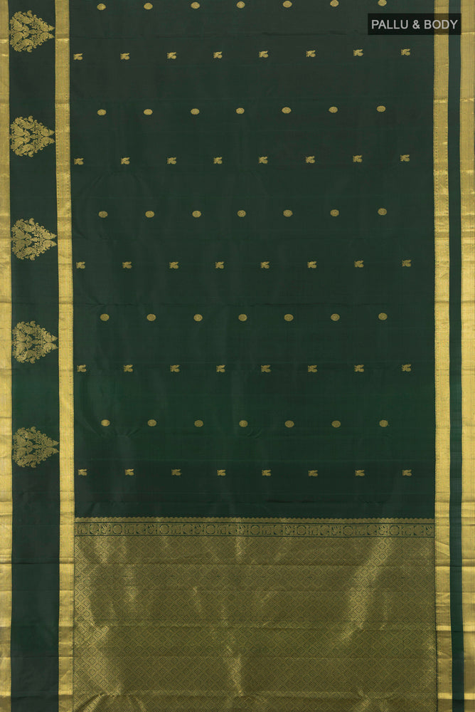 Flat view of Pure Silk Pure Zari Bottle Green Kanjivaram Saree with Zari Butta on the body and Silk Border. 