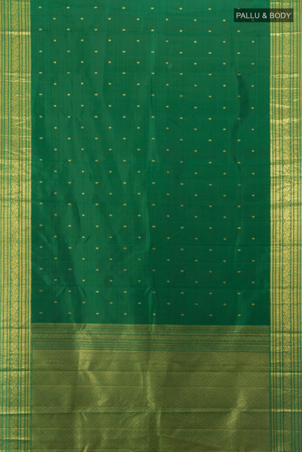 Flat view of Pure Silk Pure Zari Mint Green Kanjivaram Saree with Zari Butta on the body and Silk Border. 