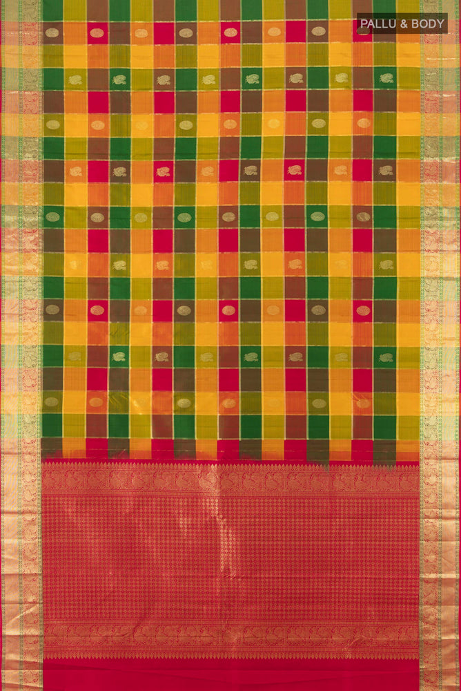 Flat view of Pure Silk Pure Zari Multi Color Kanjivaram Saree with Zari Butta on the body and Silk Border. 