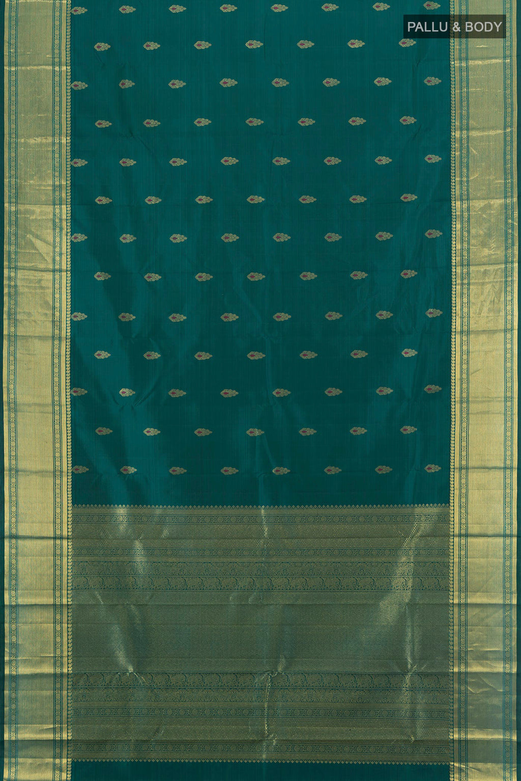 Flat view of Peacock Blue Kanjivaram Silk Saree with Zari Butta on the body and Zari Border. 