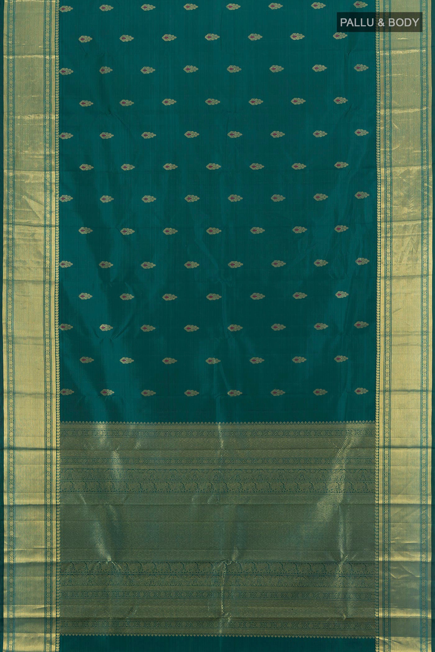 Flat view of Peacock Blue Kanjivaram Silk Saree with Zari Butta on the body and Zari Border. 