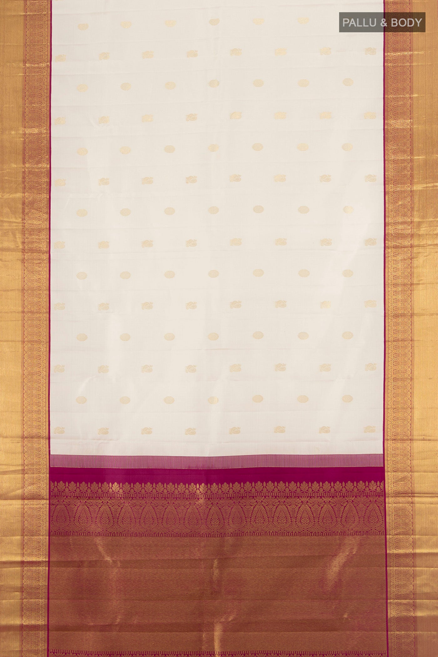 Flat view of Pure Silk Pure Zari Cream Kanjivaram Saree with Zari Butta on the body and Silk Border. 