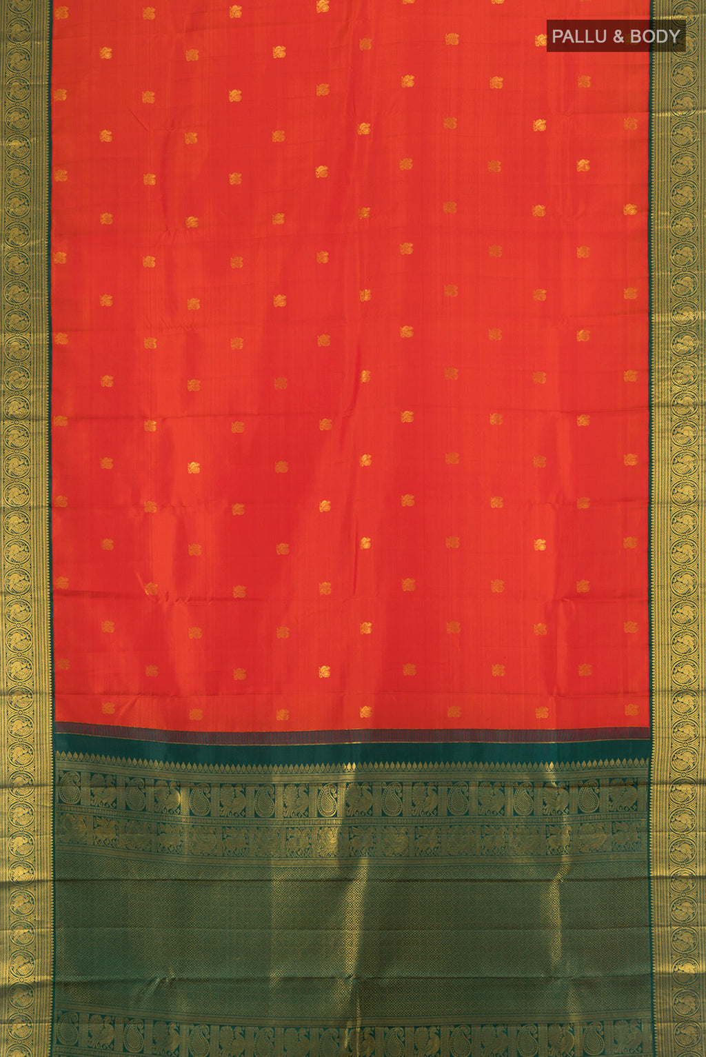 Flat view of Pure Silk Pure Zari Red Kanjivaram Saree with Zari Butta on the body and Silk Border. 