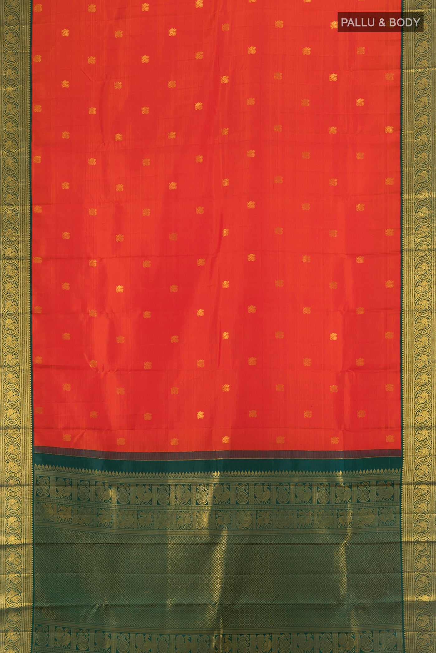 Flat view of Pure Silk Pure Zari Red Kanjivaram Saree with Zari Butta on the body and Silk Border. 