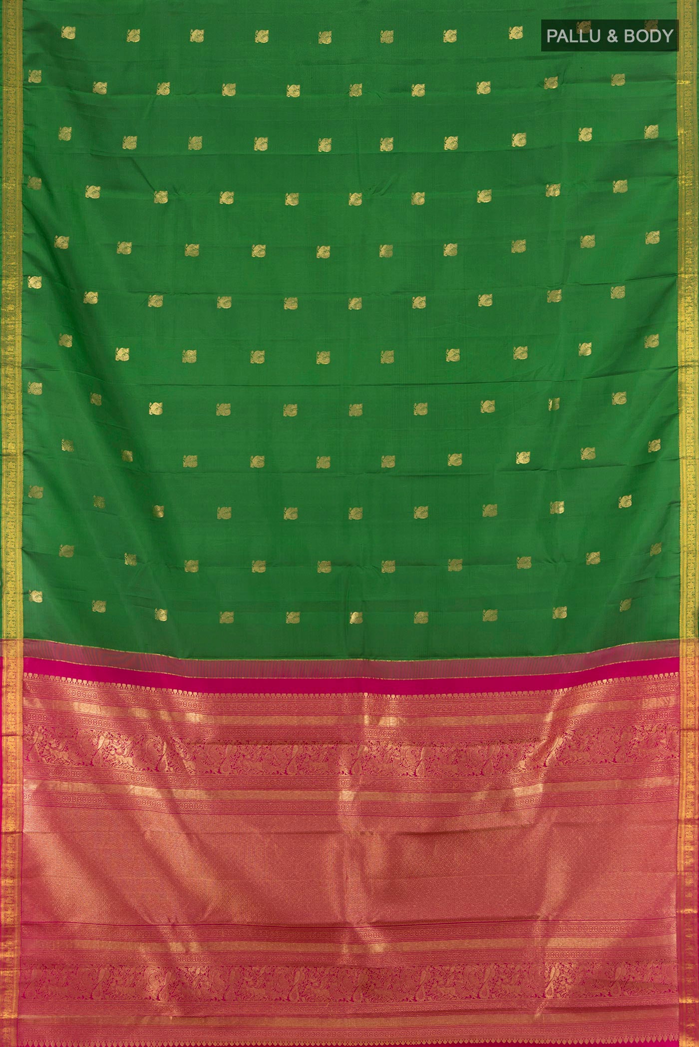 Flat view of Green Kanchipuram Silk Saree with Zari Butta on the body and Zari Border. 