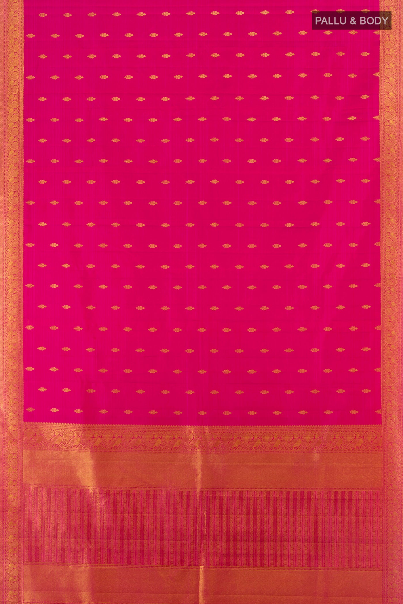 Flat view of Dark Pink Kanjivaram Silk Saree with Zari Butta on the body and Zari Border. 