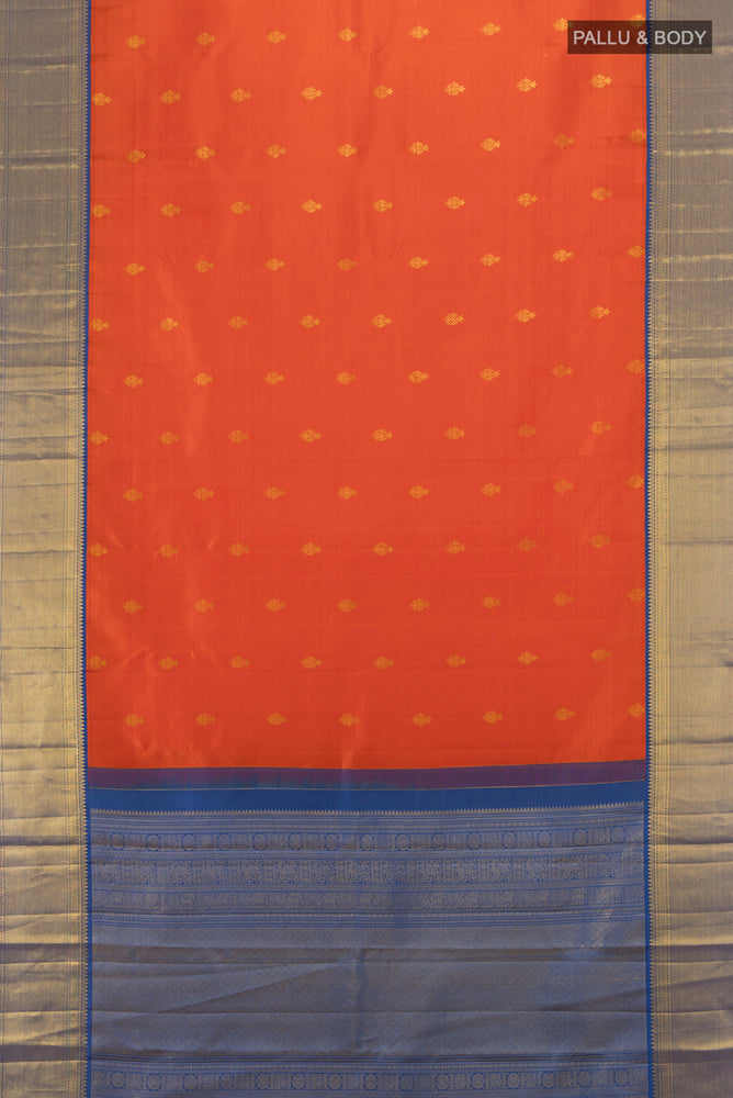 Flat view of Pure Silk Pure Zari Peach Kanjivaram Saree with Zari Butta on the body and Silk Border. 