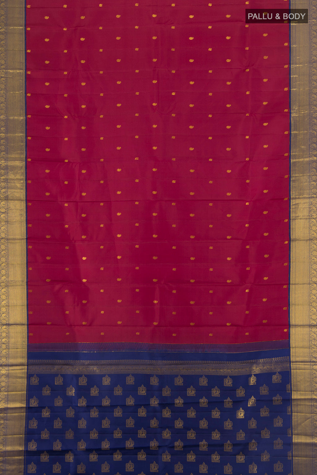 Flat view of Pure Silk Pure Zari Maroon Kanjivaram Saree with Zari Butta on the body and Silk Border. 