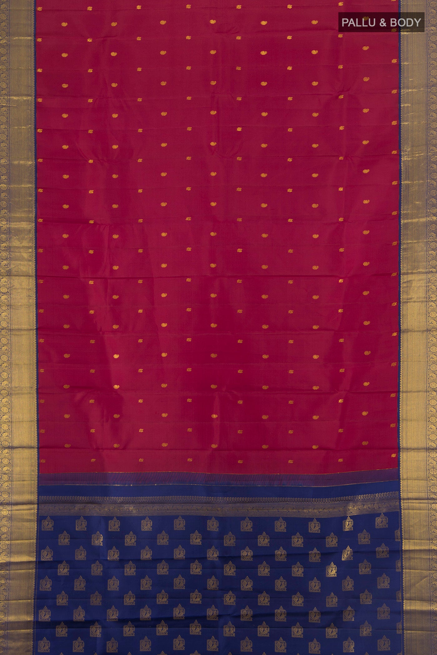 Flat view of Pure Silk Pure Zari Maroon Kanjivaram Saree with Zari Butta on the body and Silk Border. 