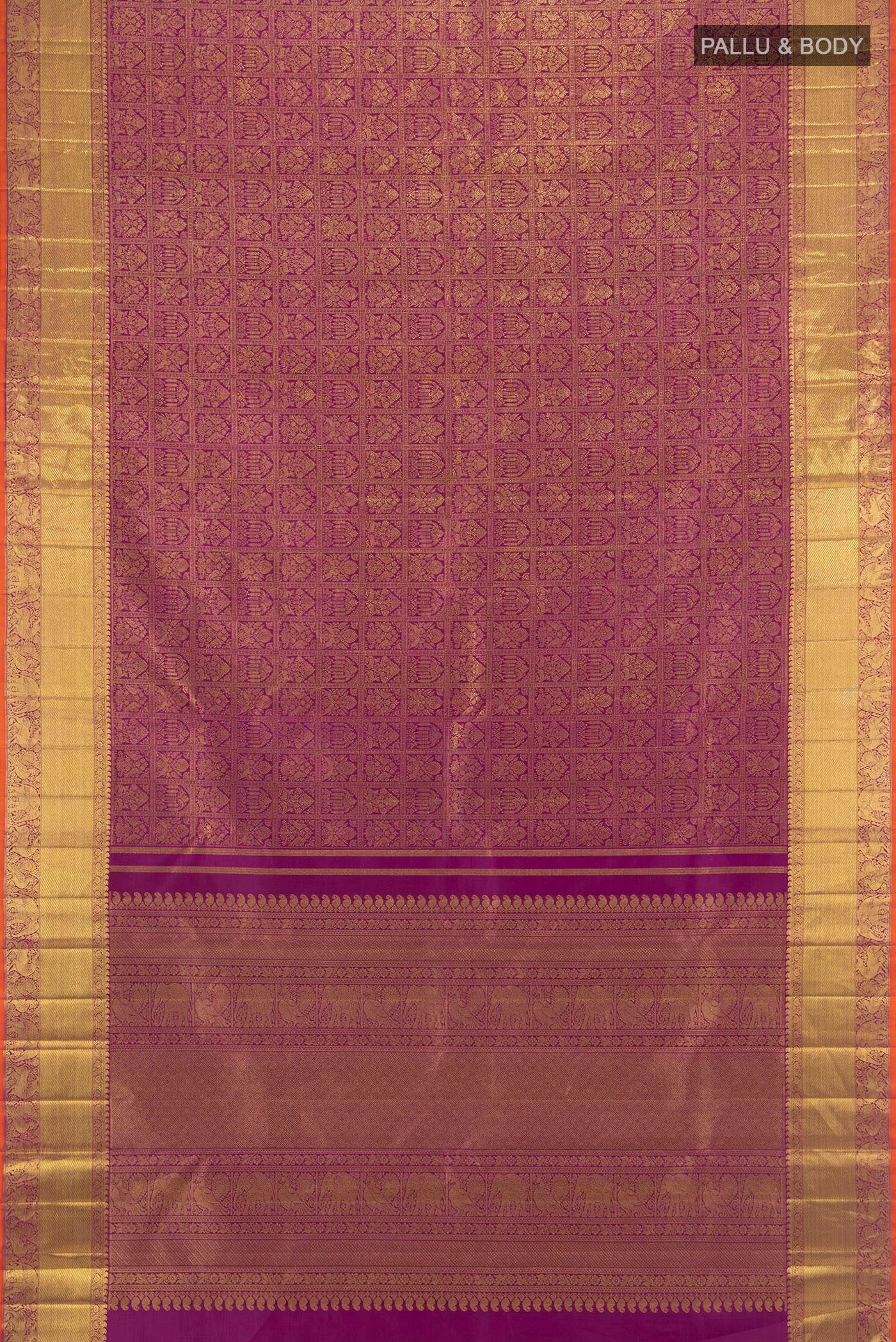 Flat view of Pure Silk Pure Zari Purple Kanjivaram Saree with Zari Brocade on the body and Zari Border. 