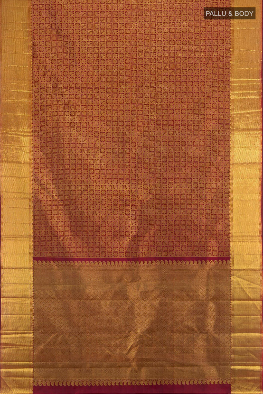Flat view of Pure Silk Pure Zari Maroon Kanjivaram Saree with Zari Brocade on the body and Zari Border. 