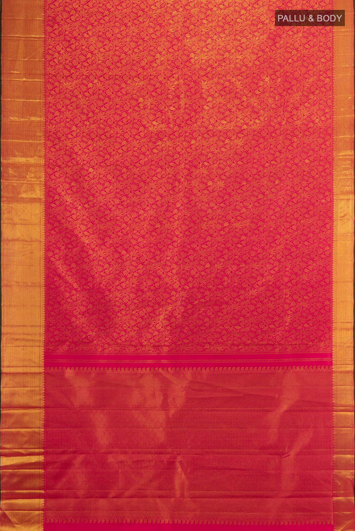 Flat view of Pure Silk Pure Zari Pink Kanjivaram Saree with Zari Brocade on the body and Zari Border. 
