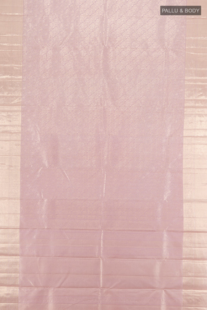 Flat view of Pure Silk Pure Zari Lavender Kanjivaram Saree with Zari Butta on the body and Silk Border. 