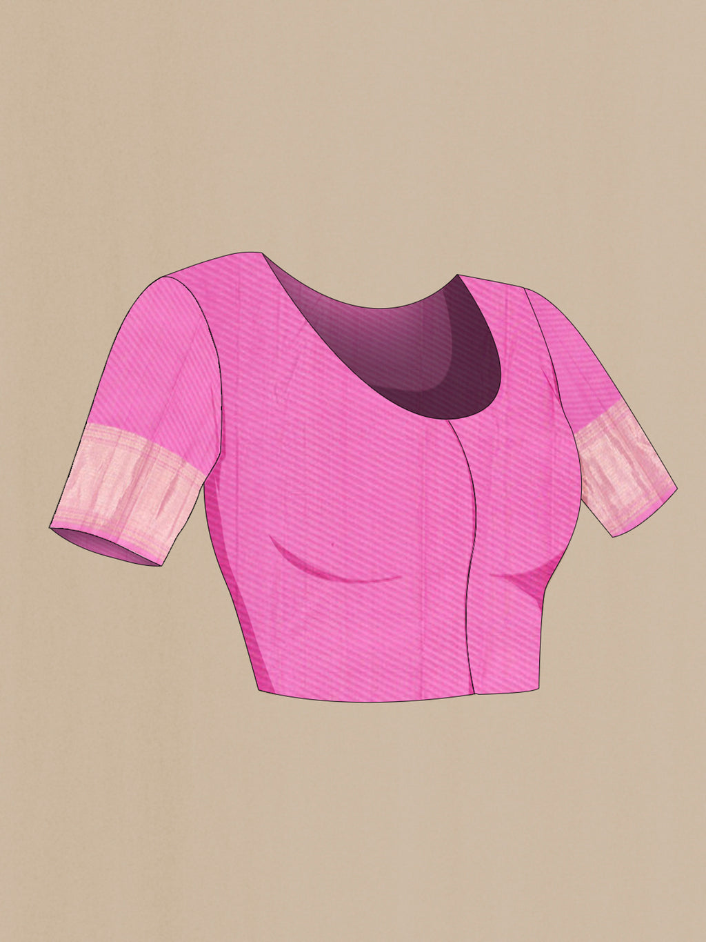 Close up image of the blouse of Rose pink Kanjivaram Silk Saree with Zari Brocade on the body and Zari Border. 