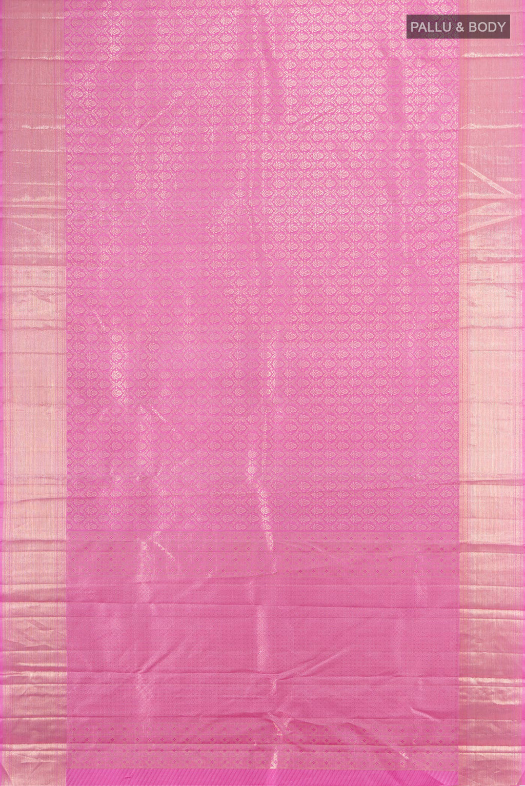 Flat view of Rose pink Kanjivaram Silk Saree with Zari Brocade on the body and Zari Border. 