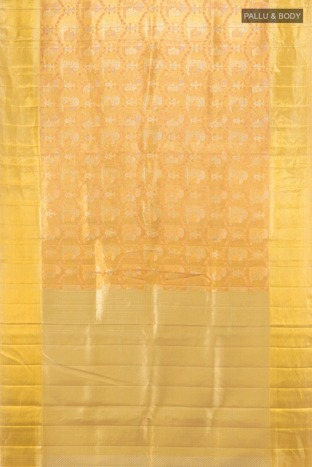 Flat view of Pure Silk Pure Zari Golden Kanjivaram Tissue Saree with Zari Brocade on the body and Zari Border. 