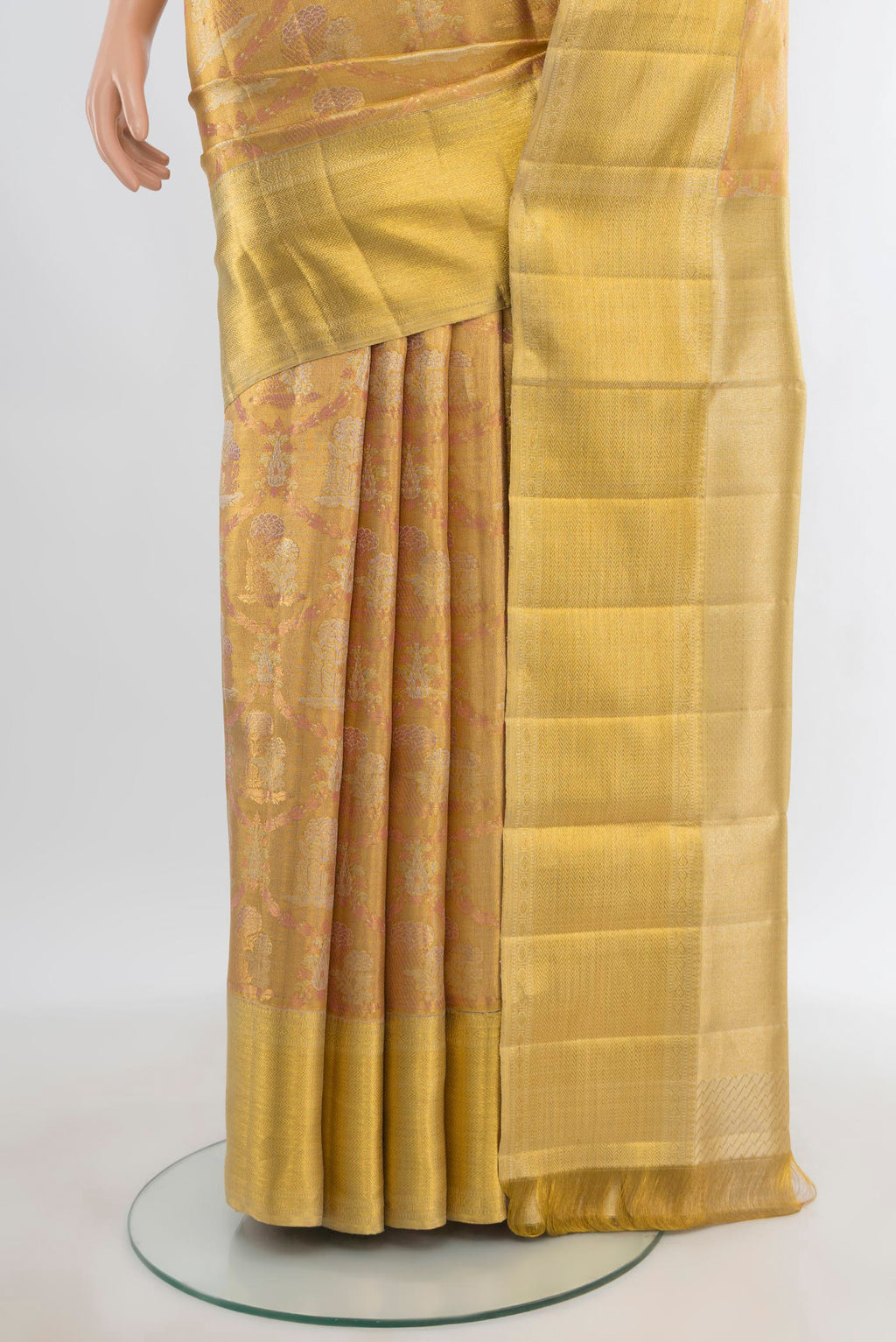 Pleats and pallu of Pure Silk Pure Zari Golden Kanjivaram Tissue Saree with Zari Brocade on the body and Zari Border. 