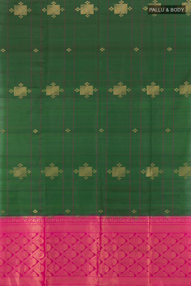 Flat view of Bottle Green Soft Silk Saree with Zari Brocade on the body and Silk Border. 